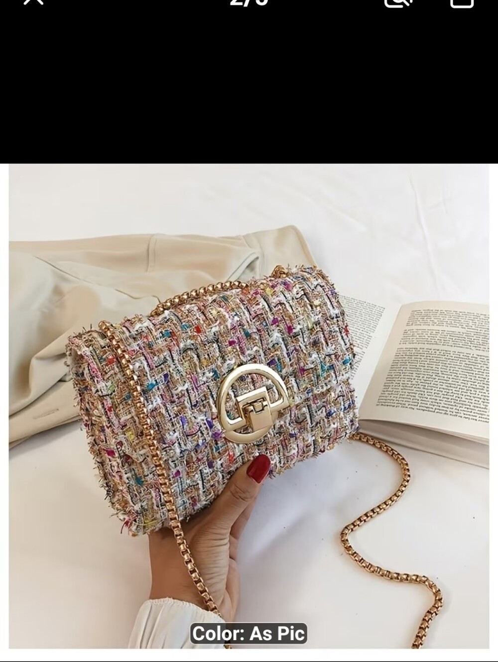 New Textured Multi-Color Tweed Chain Shoulder Bag #1611-1089 - Picture 2 of 4